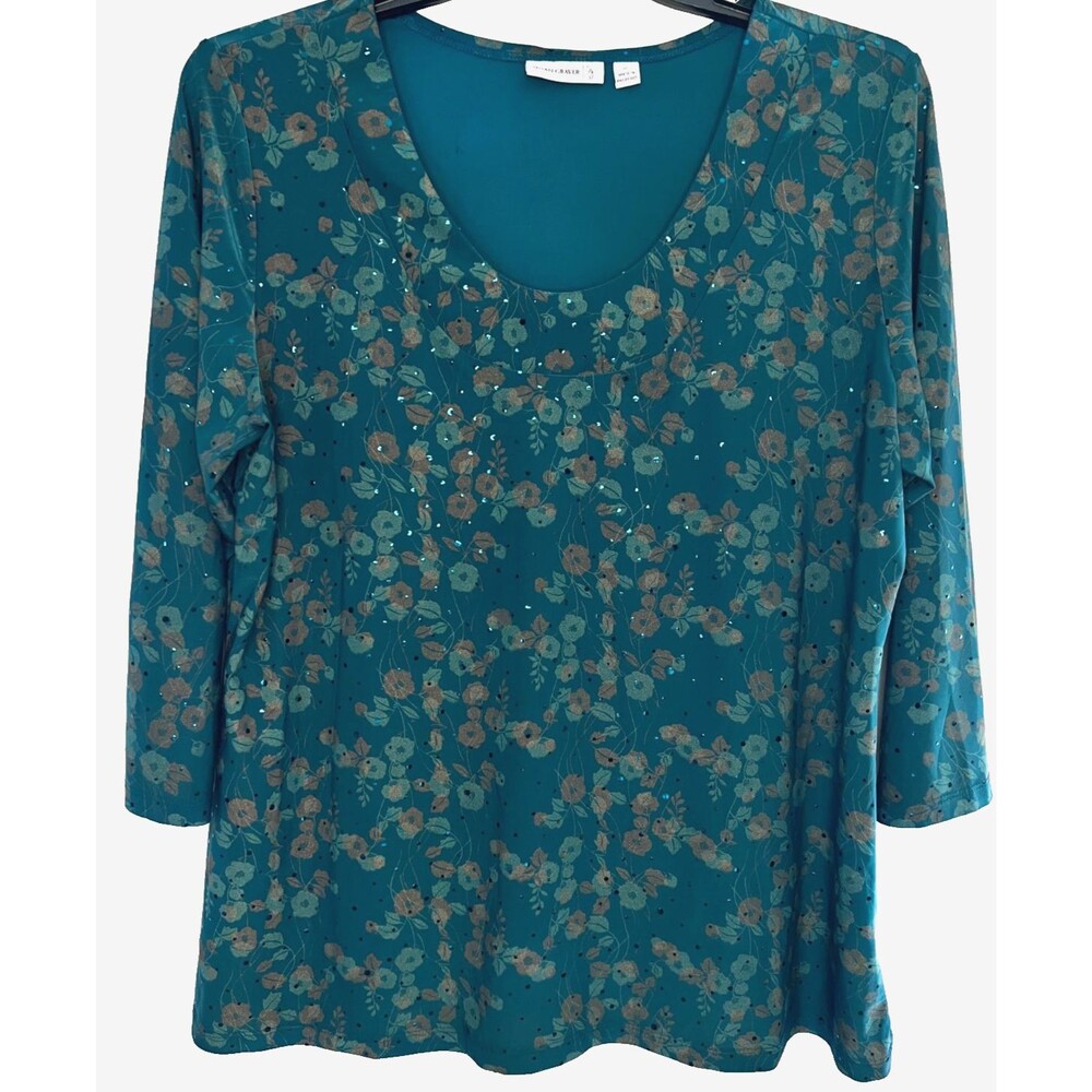 Susan Graver Multi Floral Print Sequin Embellishments 3/4 Sleeves knit Size XL